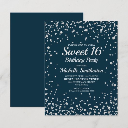 Navy Blauwe Zilveren Glitter Sweet 16 Verjaardag Kaart (Voorkant / Achterkant)