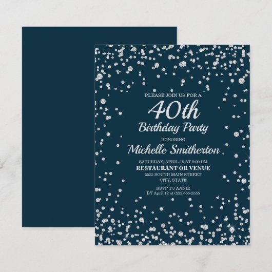 Navy Blauwe Zilveren Glitter Vrouwen 40e Verjaarda Kaart (Voorkant / Achterkant)