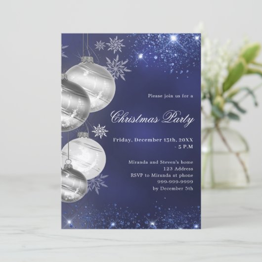 Navy blauwe zilveren kerstballen Kerstfeest Kaart (Staand voorkant)