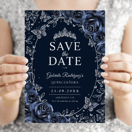Navy Blauwe Zilveren Quinceanera Bloem Save The Date