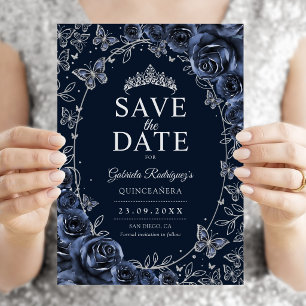 Navy Blauwe Zilveren Quinceanera Bloem Save The Date