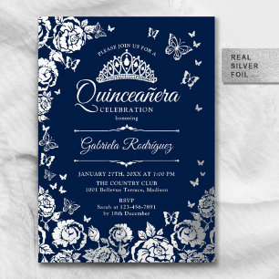 Navy Blauwe Zilveren Rozen Vlinders Quinceanera Folie Uitnodiging