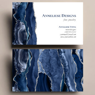 Navy Blauwe Zilveren Sieraden Ontwerper Agate Geod Visitekaartje