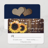 Navy Blauwe Zonnebloem Houten RSVP Kaart Maaltijdk (Voorkant / Achterkant)