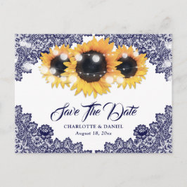 Navy Blauwe Zonnebloem Kant Trouw Save The Date Aankondigingskaart