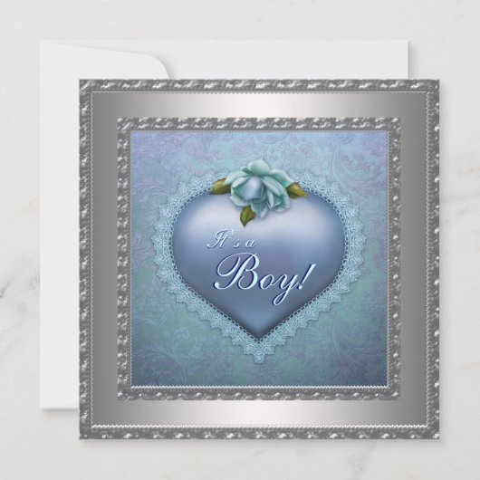 Navy Blauwgroen Blauw Damask Baby Boy Shower Kaart (Voorkant)