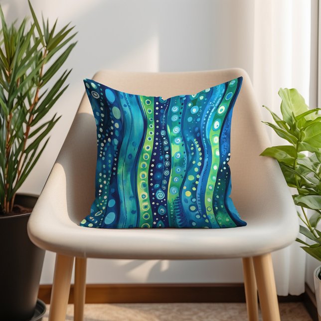 Navy Blauwgroen Limoen Bohemian Wavy gestreept Kussen (Navy Teal Lime Bohemian Wavy Striped Throw Pillow)