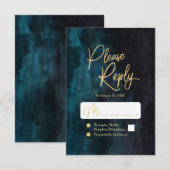 Navy Blauwgroen Waterverf & Gouden bruiloft antwoo RSVP Kaartje (Voorkant / Achterkant)