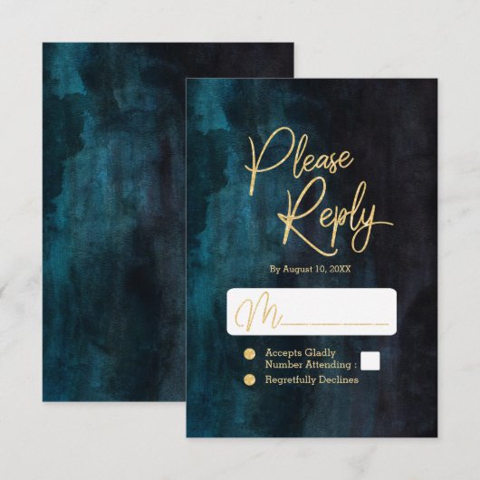 Navy Blauwgroen Waterverf & Gouden bruiloft antwoo RSVP Kaartje (Voorkant / Achterkant)