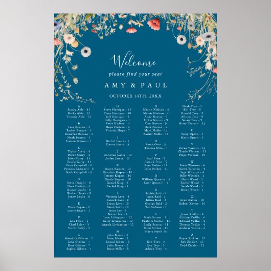 Navy Bliss Wildflower Alphabetical Seating Chart Poster (Voorkant)