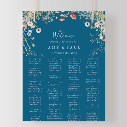 Navy Bliss Wildflower Alphabetical Seating Chart Poster