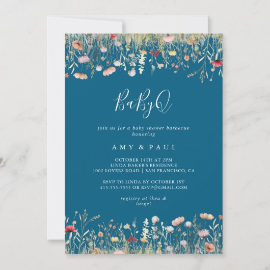 Navy Bliss Wildflower  BabyQ Baby Shower Barbecue Kaart (Voorkant)