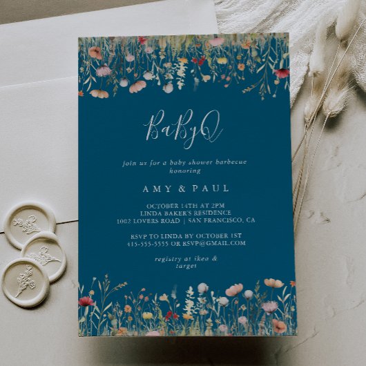 Navy Bliss Wildflower  BabyQ Baby Shower Barbecue Kaart