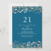 Navy Blissful Boho Wildflower 21st Birthday Party Kaart (Voorkant)