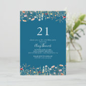 Navy Blissful Boho Wildflower 21st Birthday Party Kaart (Staand voorkant)