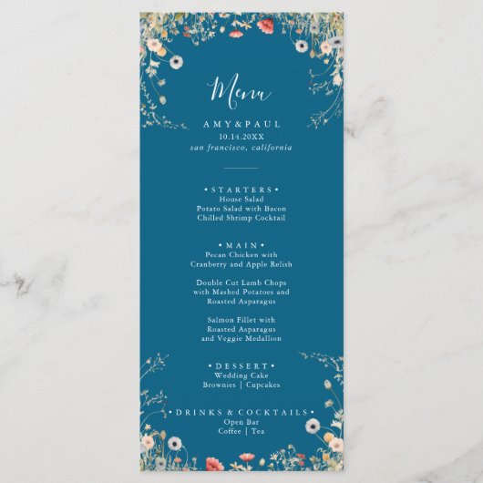 Navy Blissful Boho Wildflower Dinner Menu (Voorkant)