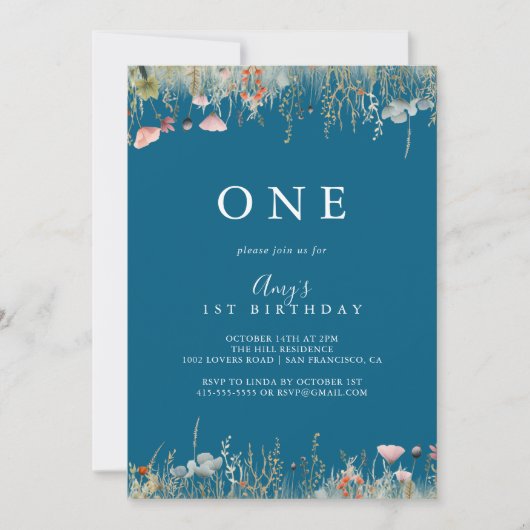 Navy Blissful Boho Wildflower eerste verjaardagsfe Kaart (Voorkant)