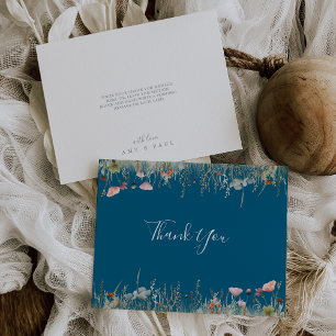 Navy Blissful Boho Wildflower Flat Wedding Bedankkaart