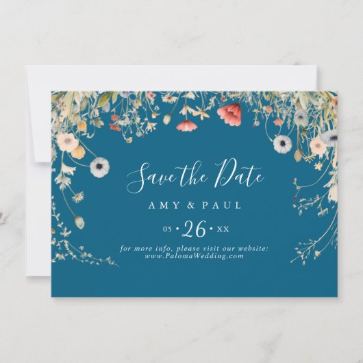Navy Blissful Boho Wildflower Horizontal Wedding Save The Date (Voorkant)