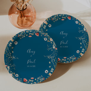 Navy Blissful Boho Wildflower Trouwtaart Papieren Bordje