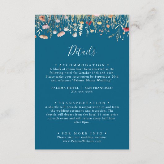 Navy Blissful Boho Wildflower Wedding Details Informatiekaartje (Voorkant)