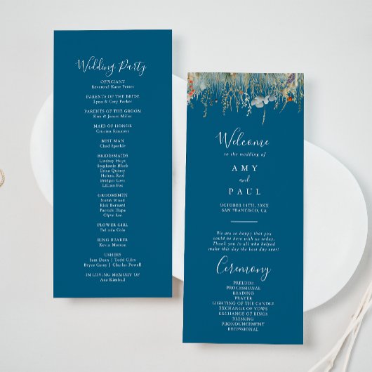 Navy Blissful Boho Wildflower Wedding Program Programmakaart