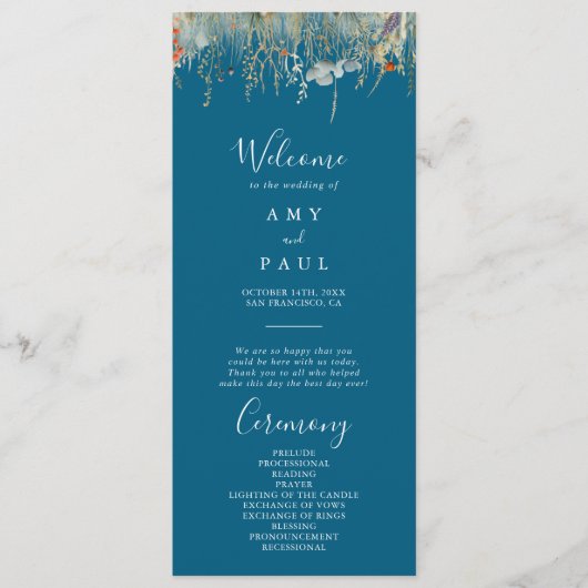 Navy Blissful Boho Wildflower Wedding Program Programmakaart (Voorkant)