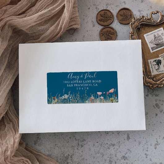Navy Blissful Boho Wildflower Wedding RSVP Adres Etiket