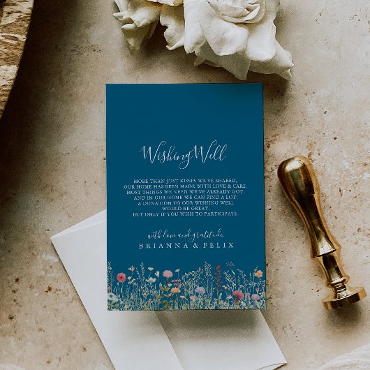 Navy Blissful Boho Wildflower Wedding Wishing Well Informatiekaartje