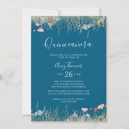 Navy Blissful Colorful Boho Wildflower Quinceañera Kaart (Voorkant)