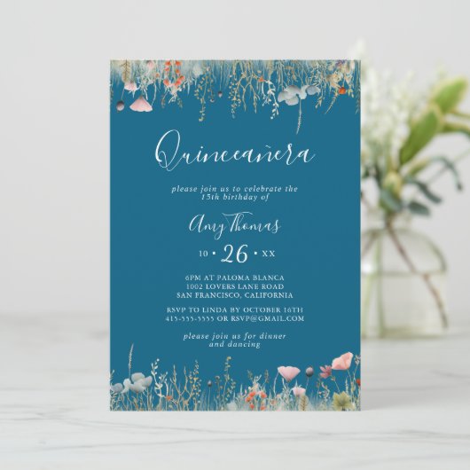 Navy Blissful Colorful Boho Wildflower Quinceañera Kaart (Staand voorkant)