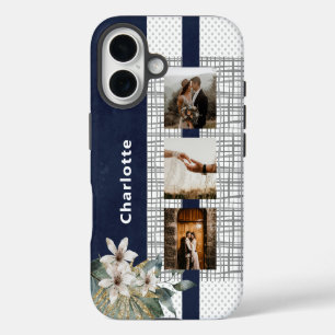 Navy Bloem 3 Foto Jubileum Koppel Naam iPhone 16 Hoesje