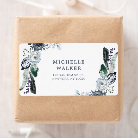 Navy Bloemen Boho Bruiloft Adres Label (Insitu)
