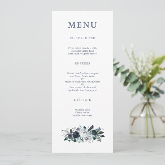 Navy Bloemen Boho Bruiloft Menu (Staand voorkant)