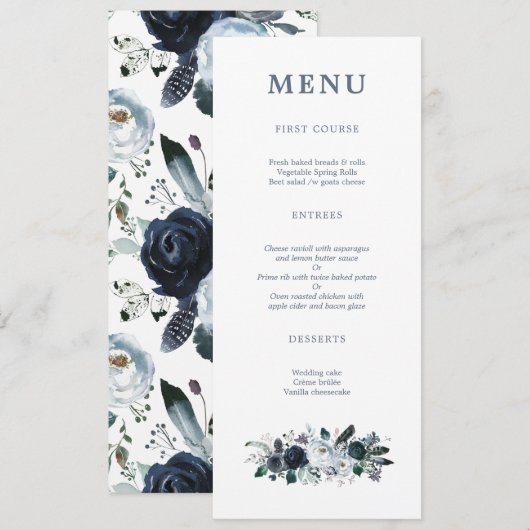 Navy Bloemen Boho Bruiloft Menu (Voorkant / Achterkant)