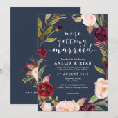 Navy Bloemen Bourgondië Leafy bruiloft uitnodiging (Voorkant / Achterkant)