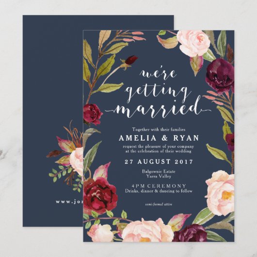 Navy Bloemen Bourgondië Leafy bruiloft uitnodiging (Voorkant / Achterkant)