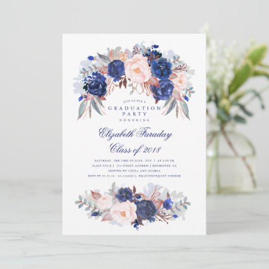 Navy Bloemen Elegant en Modern Graduation Party Kaart (Staand voorkant)
