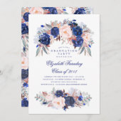 Navy Bloemen Elegant en Modern Graduation Party Kaart (Voorkant / Achterkant)