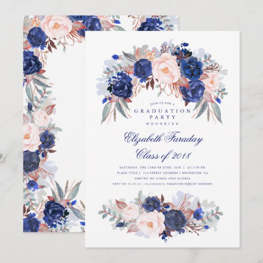 Navy Bloemen Elegant en Modern Graduation Party Kaart (Voorkant / Achterkant)