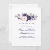 Navy Bloemen Elegant Save the Date Aankondigingskaart (Voorkant / Achterkant)