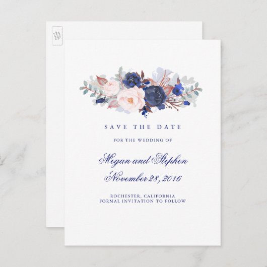 Navy Bloemen Elegant Save the Date Aankondigingskaart (Voorkant / Achterkant)