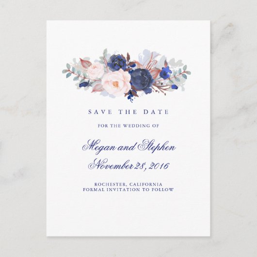 Navy Bloemen Elegant Save the Date Aankondigingskaart (Voorkant)