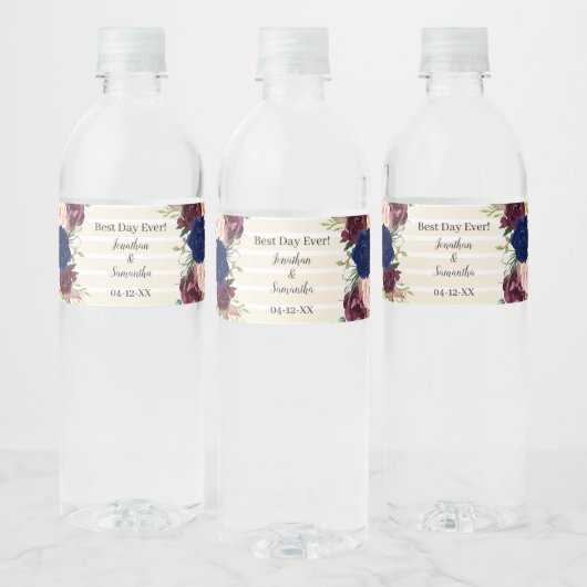 Navy Bloemen Gouden Bruiloft Waterfles Etiket (Flessen)