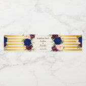 Navy Bloemen Gouden Bruiloft Waterfles Etiket (Enkel label)