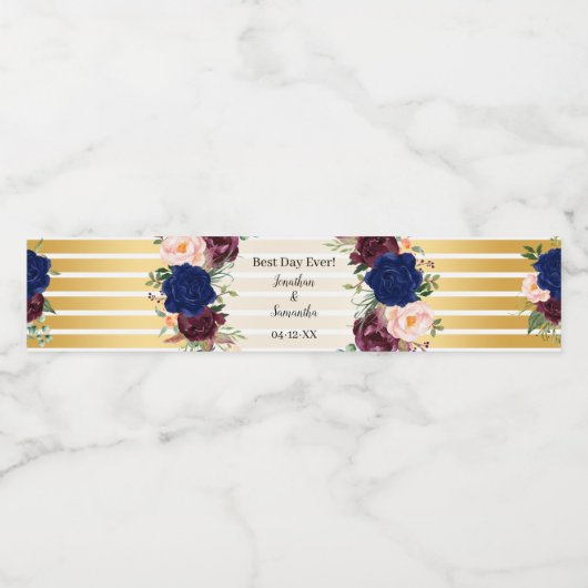 Navy Bloemen Gouden Bruiloft Waterfles Etiket (Enkel label)
