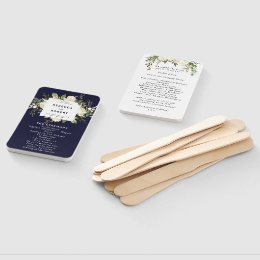 Navy Bloemen Groen Bruiloft Programma Fans Handwaaier (Niet-gemonteerd)