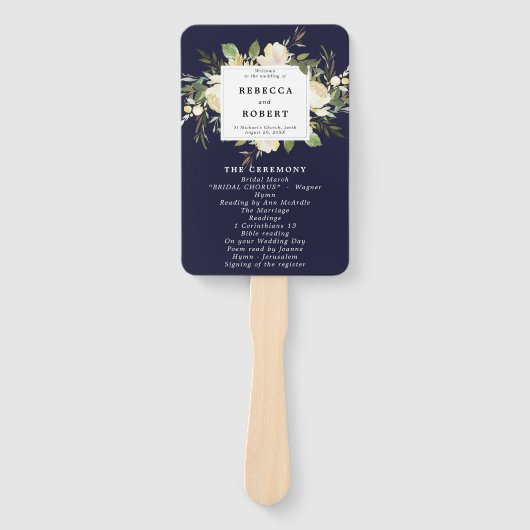 Navy Bloemen Groen Bruiloft Programma Fans Handwaaier (Voorkant)
