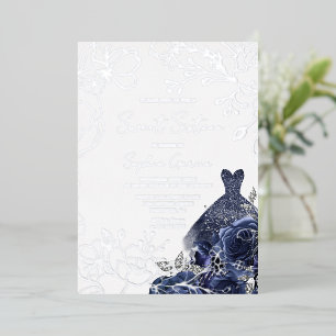 Navy Bloemen & Jurk Sweet 16 Zilveren Blad Folie Uitnodiging