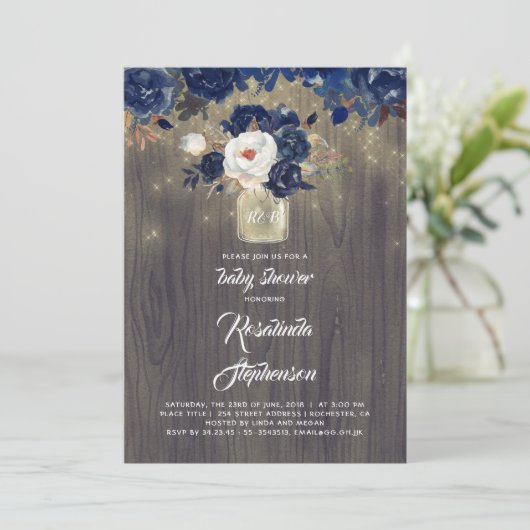 Navy Bloemen Mason Jar Rustiek Baby shower Kaart (Staand voorkant)